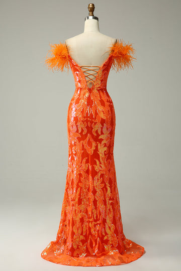 Lentejuelas Naranja Fuera del Hombro Vestido de Fiesta Sirena Con Plumas
